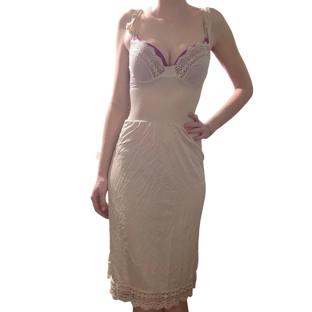 Vintage Lace Trim Full Slip Beige Mid-Length Lingerie Underdress Sleeveless - Picture 2 of 4